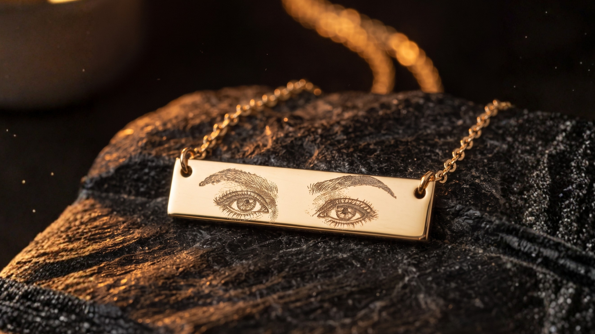 Gold Held Gaze bar-pendant necklace, laser-engraved with a portrait of someone's eyes
