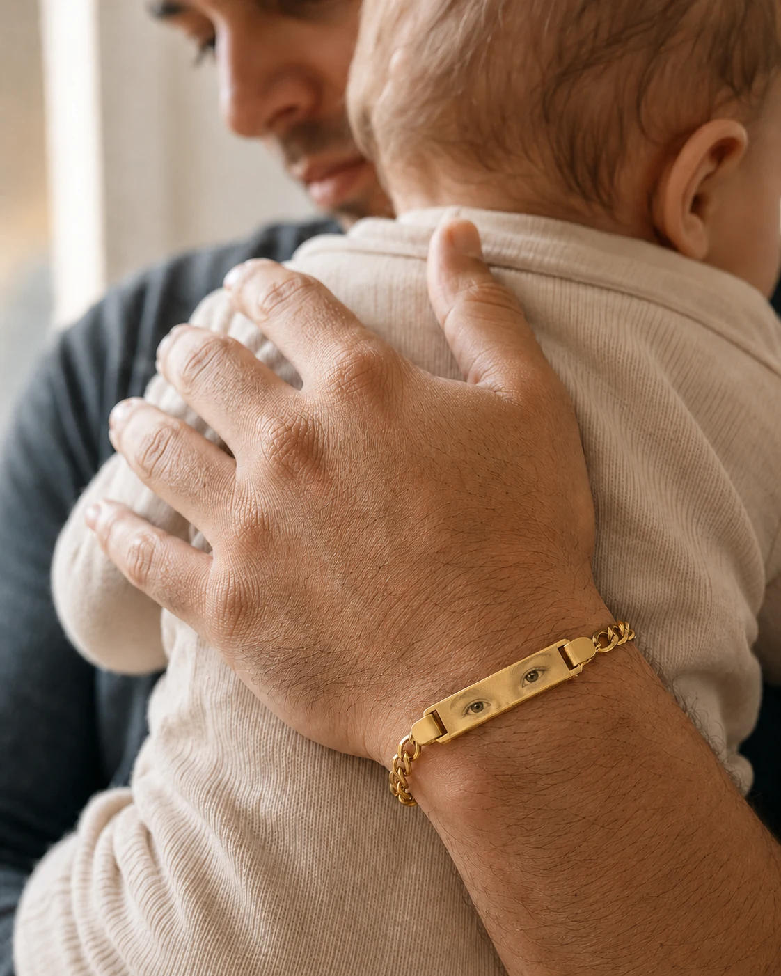 A father holds his baby against his shoulder, wearing a gold Held Gaze ID bracelet engraved with the baby's eyes